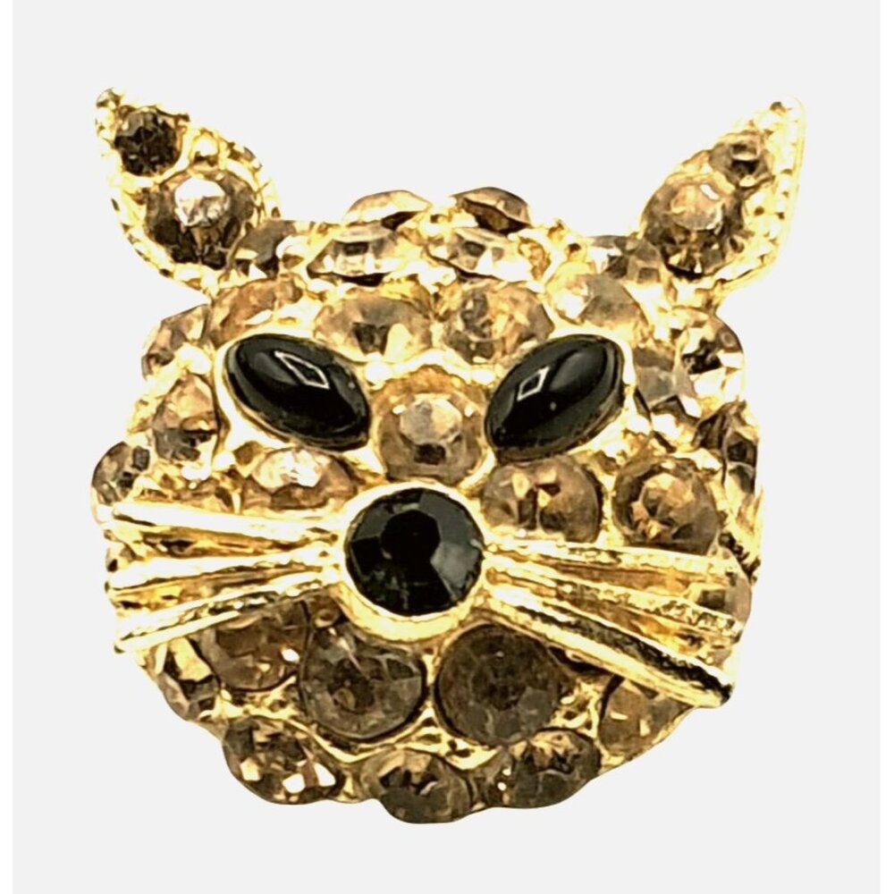 Vintage Rhinestone Cat Brooch Topaz Black Kitty Feline Figural Pin Costume Jewel